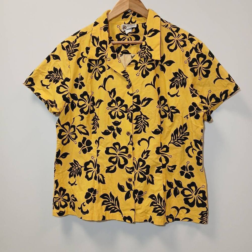 Vintage Aloha republic womens xl yellow blouse Hawaiian cotton top shortsleeve